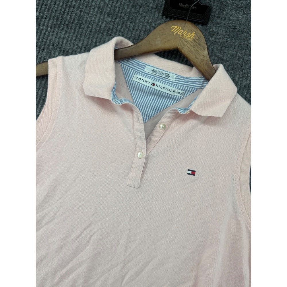 Tommy Hilfiger Sleeveless Polo Women XL Pink Excellent Pique Knit Logo Top